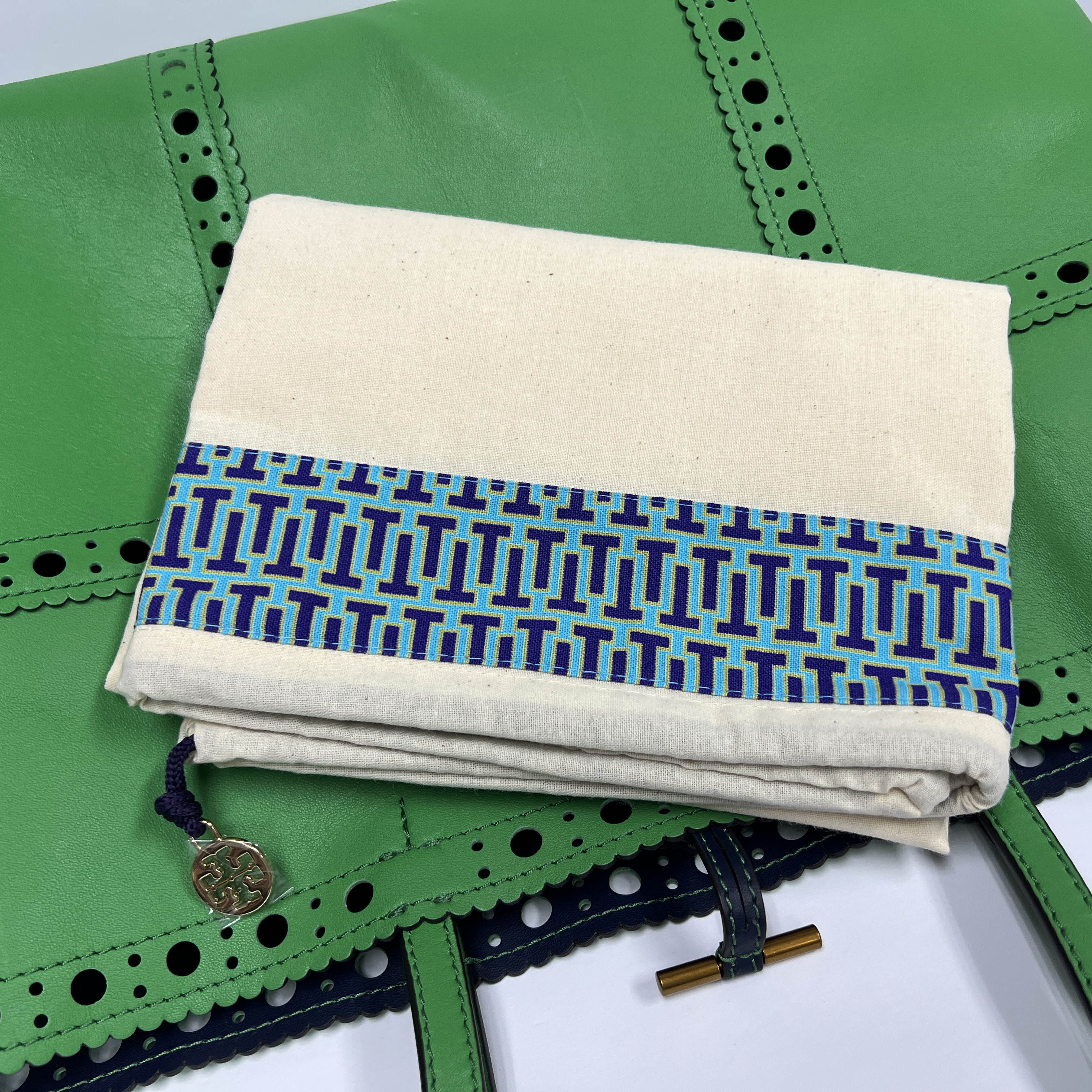 Tory Burch Green Leather Perforated Cutout Tote Bag with Dust Bag