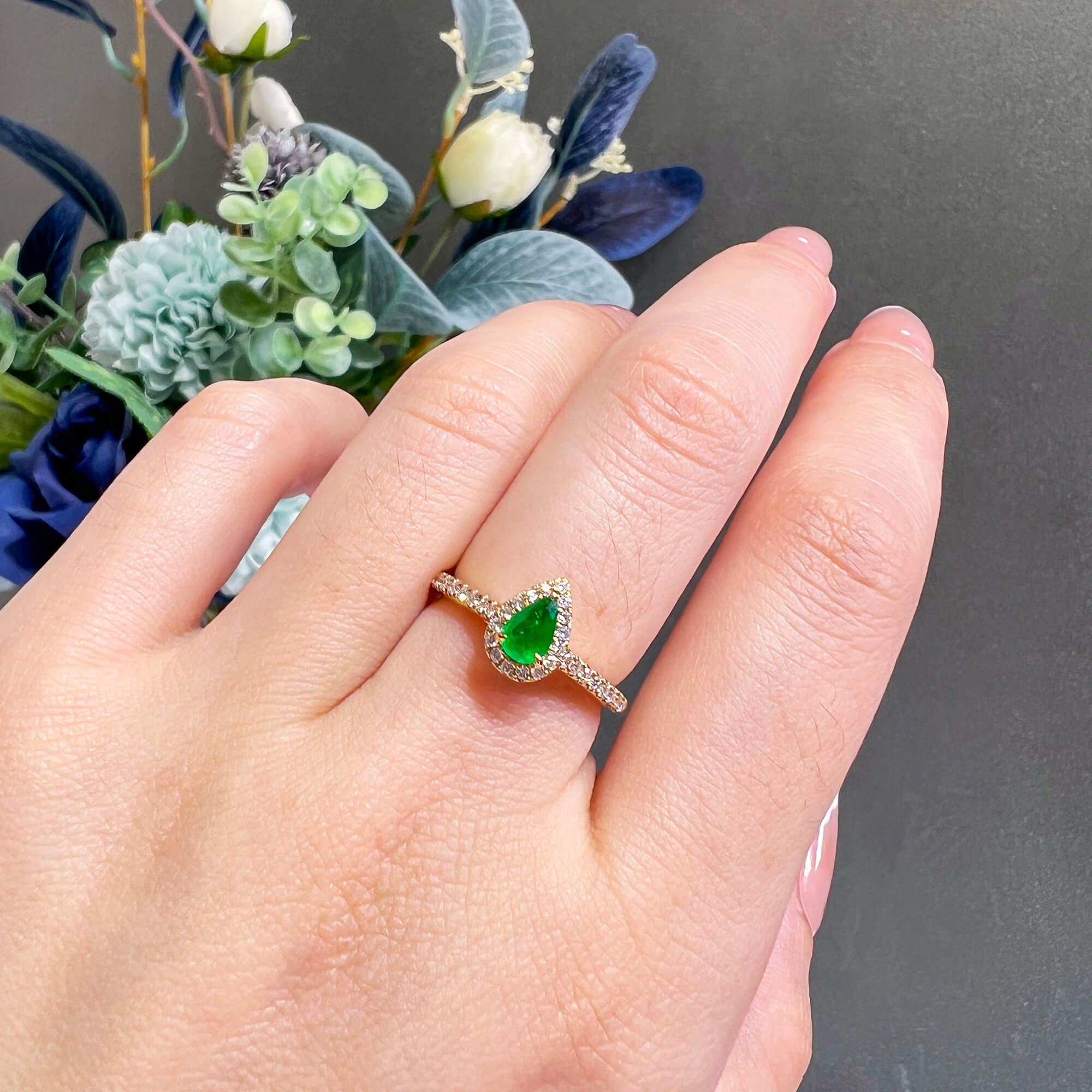 Pear-Cut Natural Emerald & Diamond Halo Ring