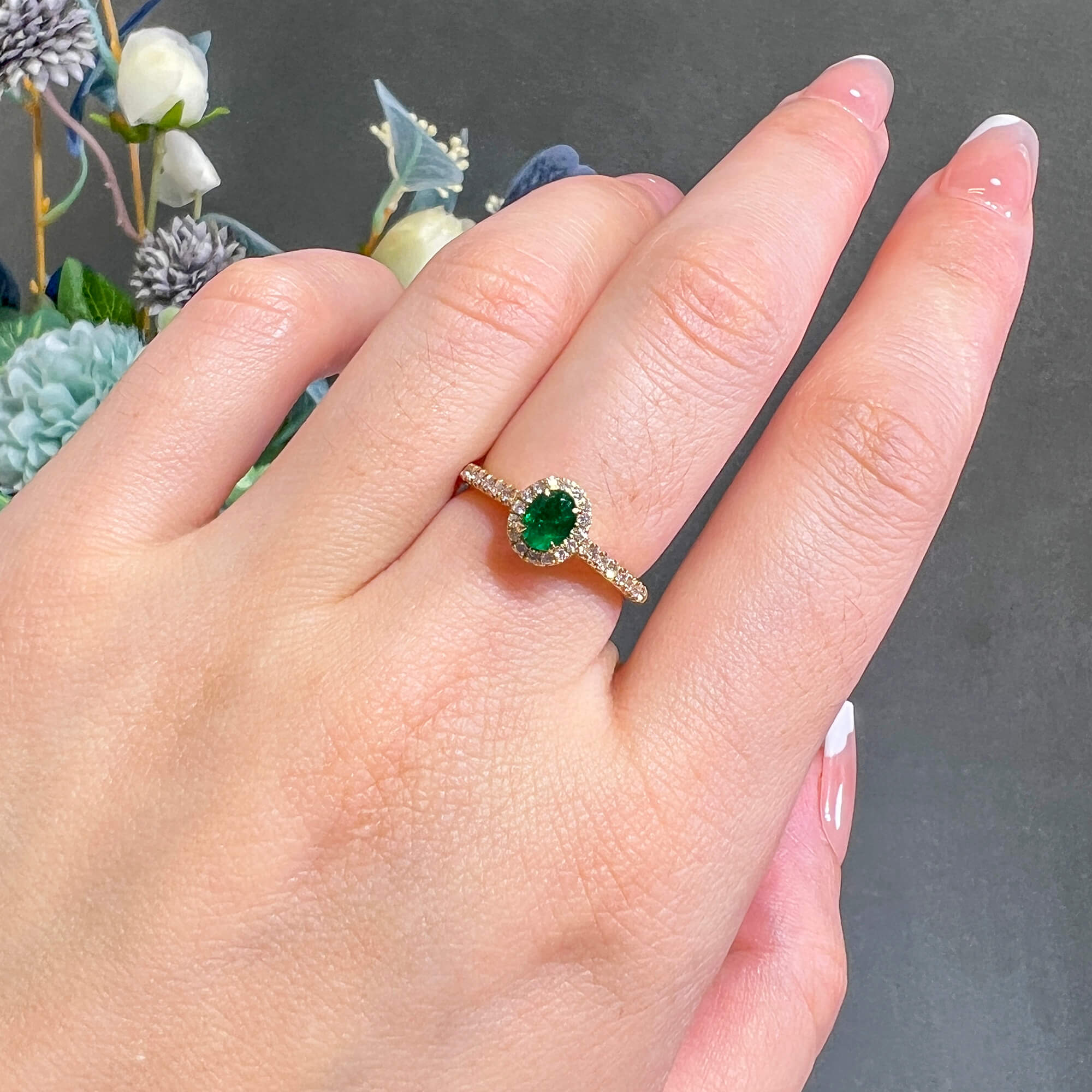 Natural Emerald & Diamond Halo Ring