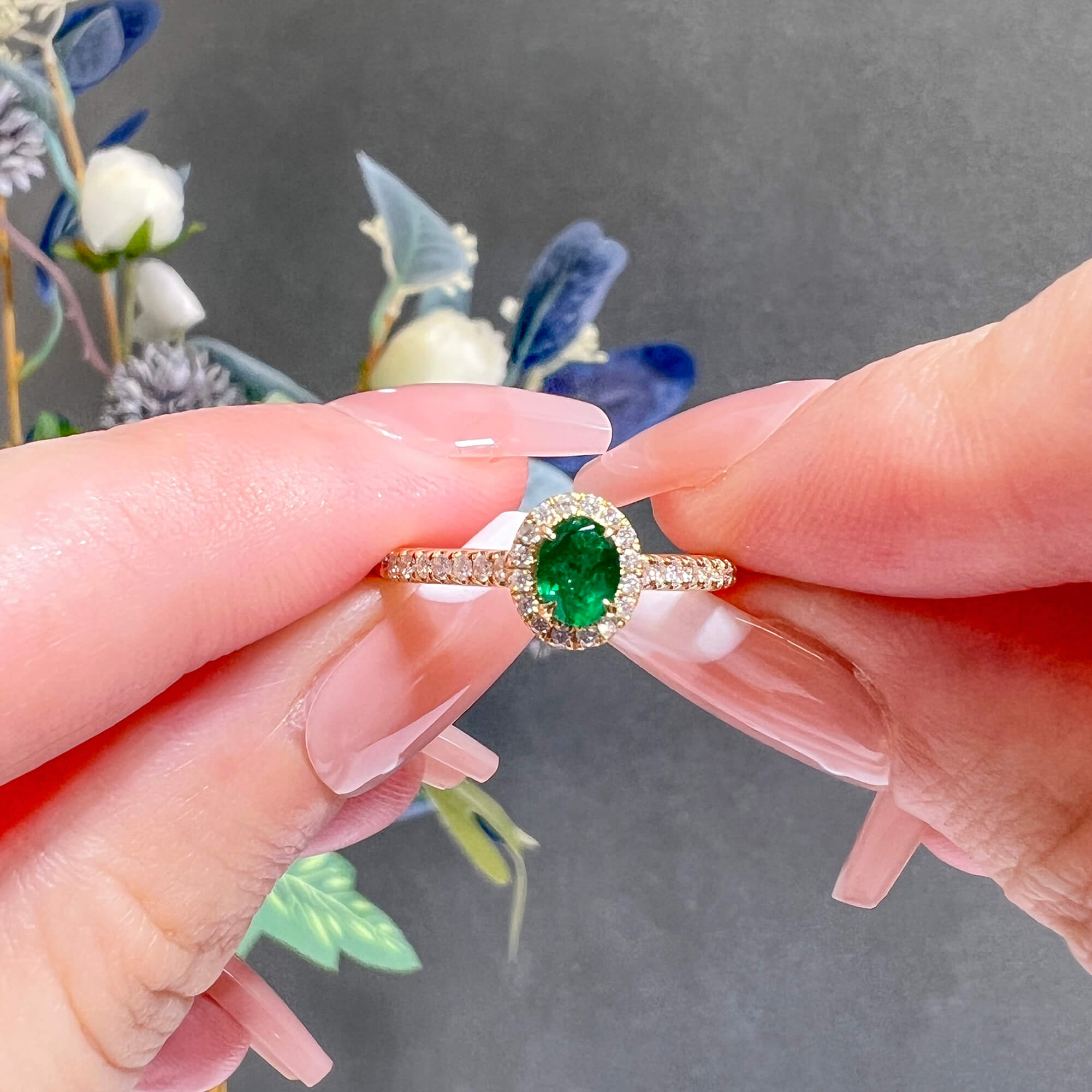 Natural Emerald & Diamond Halo Ring