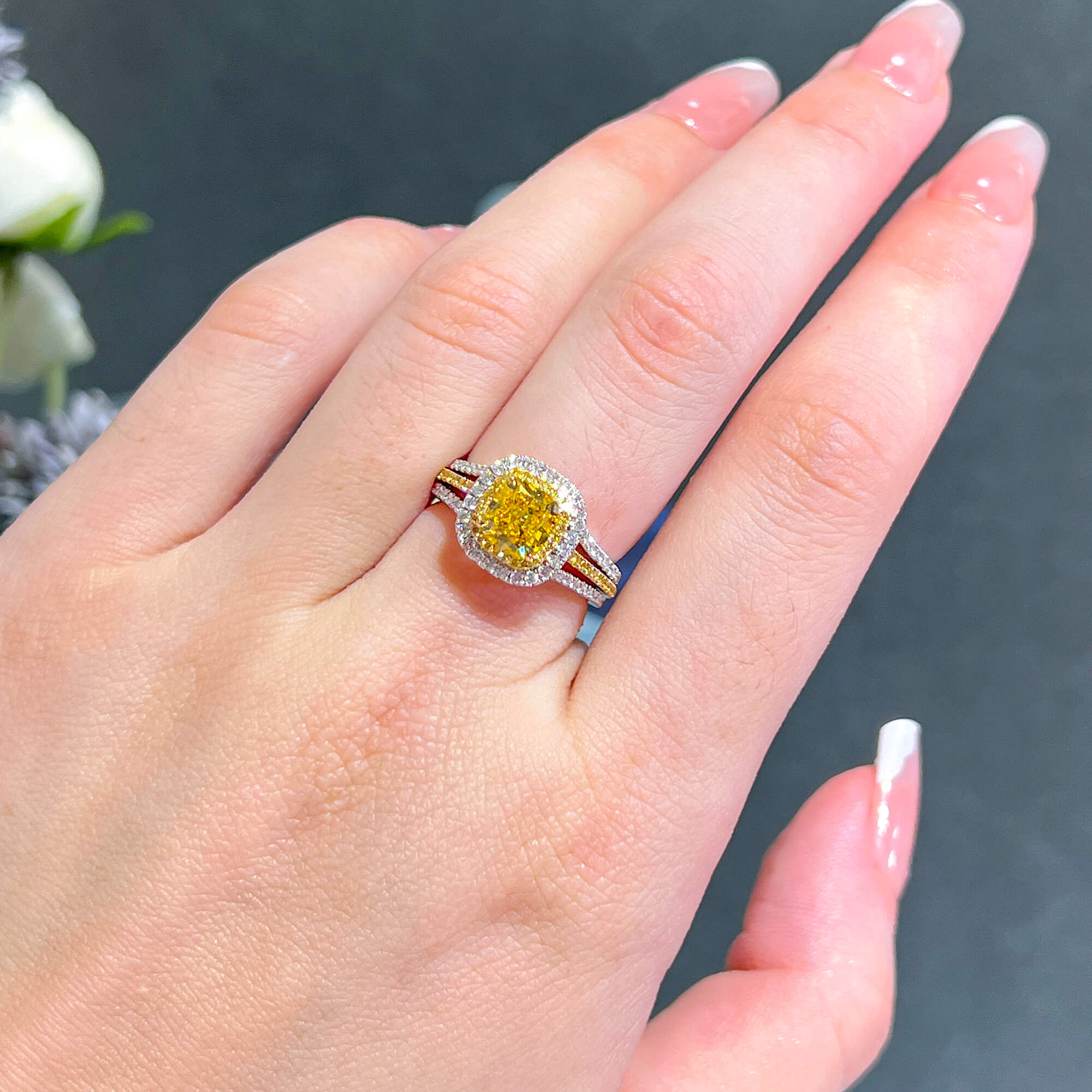 GIA Certified Fancy Yellow Cushion Diamond Double Halo Ring