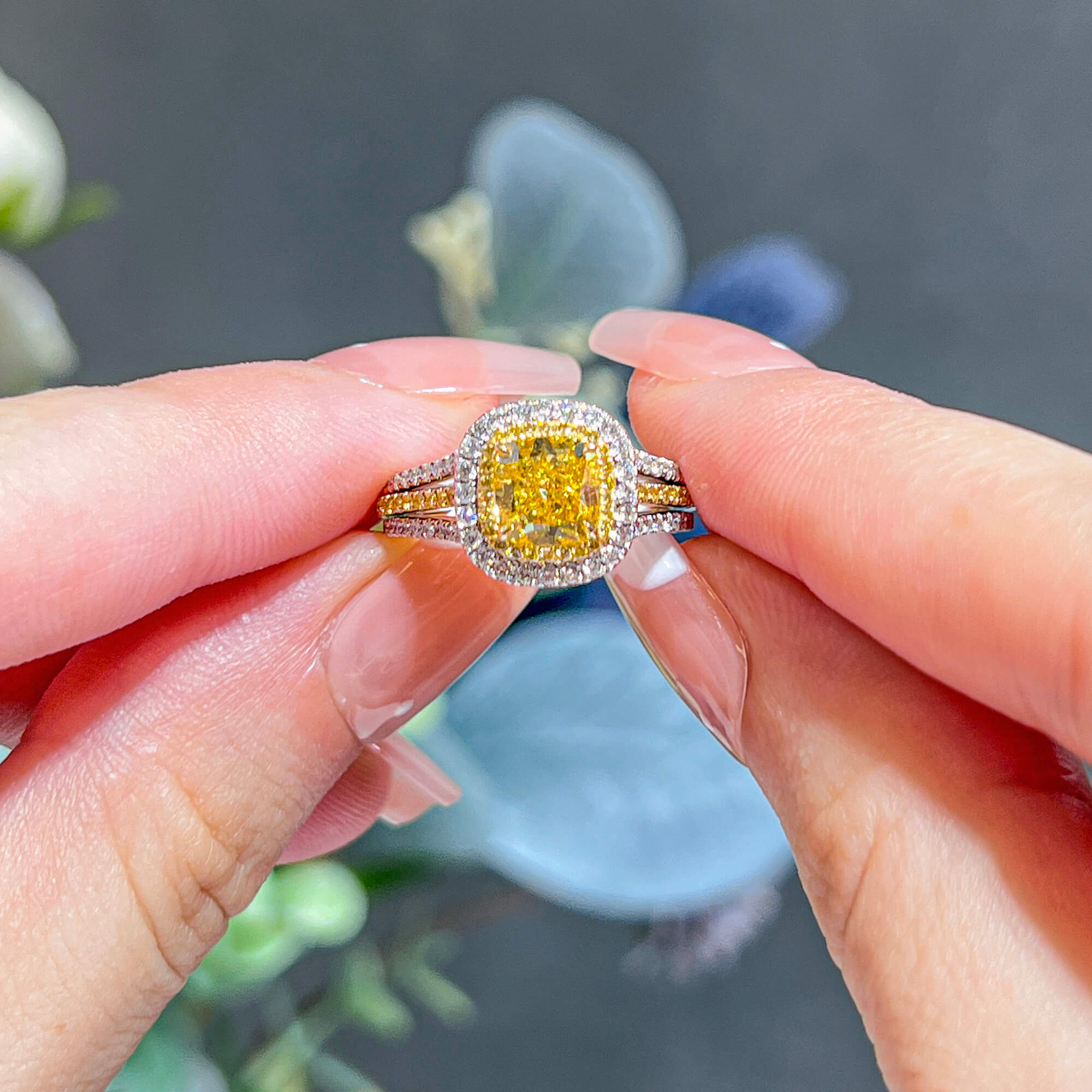 GIA Certified Fancy Yellow Cushion Diamond Double Halo Ring