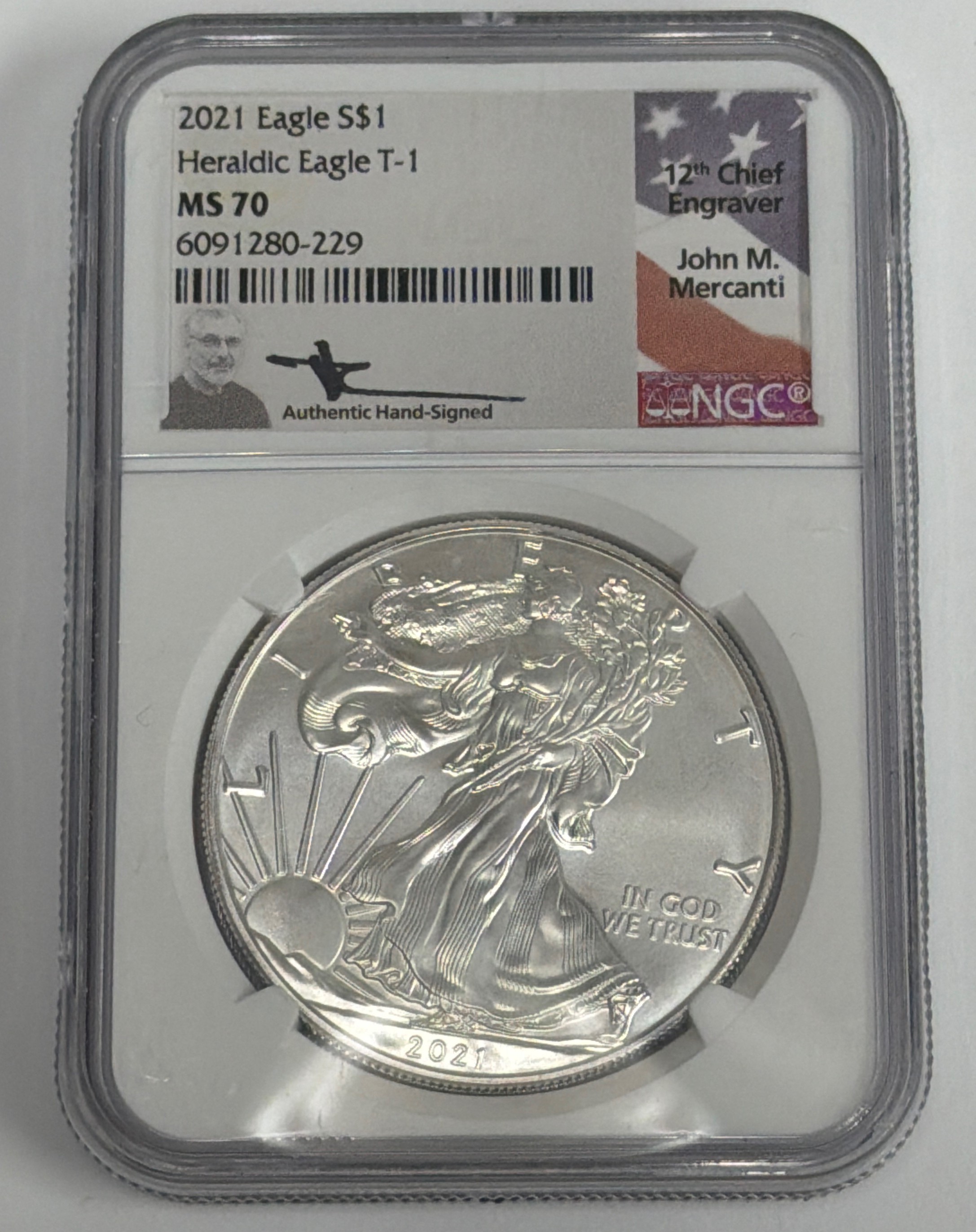 2021 T1 Heraldic Eagle MS70 Mercanti