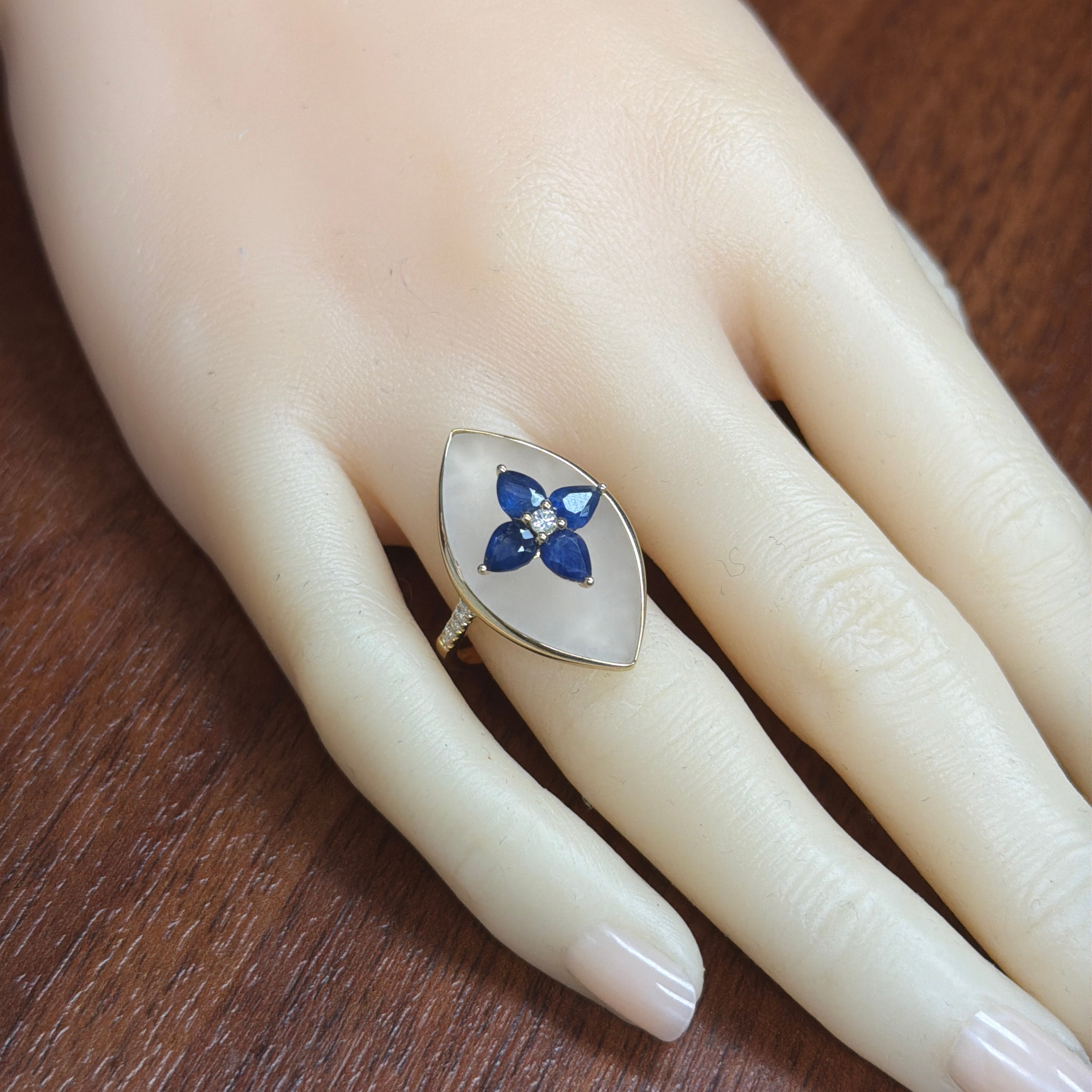 Natural Sapphire and Diamond on Frosted Crystal Ring