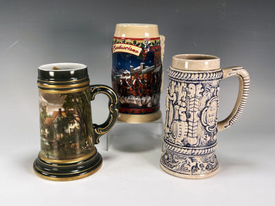 3 BEER STEINS WEST GERMANY ANHEUSER BUSCH 
Three beer steins with marks including West Germany 