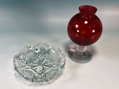 AMERICAN BRILLIANT CUT DISH & RED GLASS VASE. AMERICAN BRILLIANT CUT DISH &amp; RED GLASS VASE 