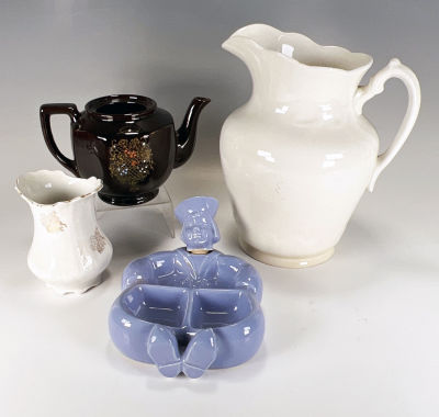 PITCHER AND ASSORTED SERVING LOT 
Large white semi porcelain pitcher marked "Anchor Pottery" 