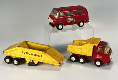 METAL TONKA TRUCKS 
Dump truck, Fire Chief van, and bottom dump 