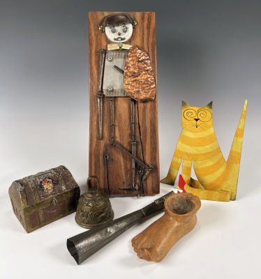 ASSORTED MIXED MEDIA ART ITEMS AND MORE 
Mixed media “knight” with cut nail limbs, hammered 