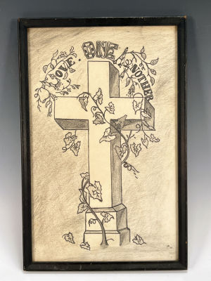 HOMEMADE LOVE ONE ANOTHER ART 
Hand drawn in pencil and possibly charcoal.
9 1/2" X 14 