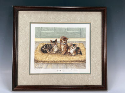 SIGNED NUMBERED THREES COMPANY MARTHA HINSON 
Adorable kitties on a rug. Signed Martha Hinson 