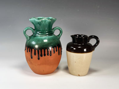 TWO POTTERY VASE & JUG. TWO POTTERY VASE &amp; JUG 
Drip glaze on urn form and brown &amp; cream 