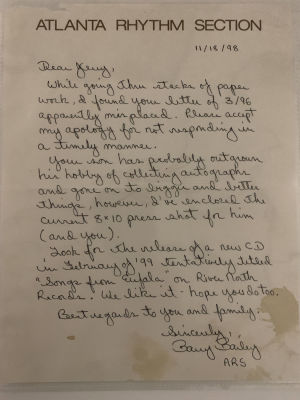 Barry Bailey signed letter. 8.5x11 inches