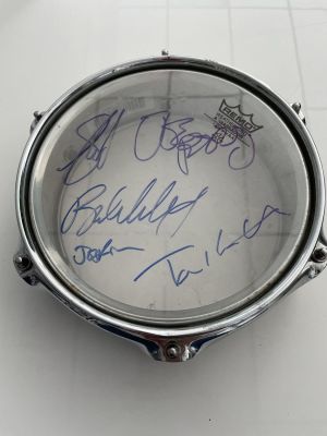 Aerosmith band signed drum head autographed by Steven Tyler, Joe Perry, Brad Whitford, Tom 