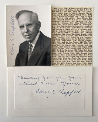 Clergyman and author Clovis G. Chappell signed photo and note.6x4 inches