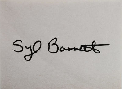 Pink Floyds Syd Barrett signed slip. 4 in. by 6 in. signature slip signed: Syd Barrett.