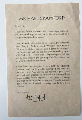 Michael Crawford signed letter.6x9 inches