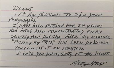 Actor Anthony James signed note. 3x5inches
