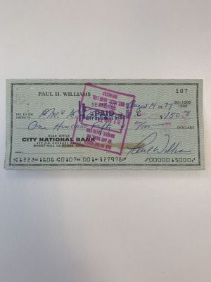 Paul Williams signed check. 2x6 inches