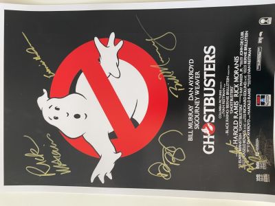 Ghostbusters cast signed mini poster autographed by Rick Moranis, Ernie Hudson, Dan Aykroyd 