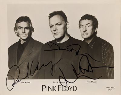 Pink Floyd band signed photo autographed by Rick Wright, Nick Mason and David Gilmore. 8x10 inches