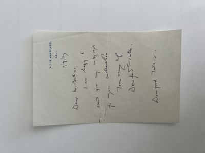 Author Dornford Yates personal note. Author Dornford Yates handwritten signed personal note 