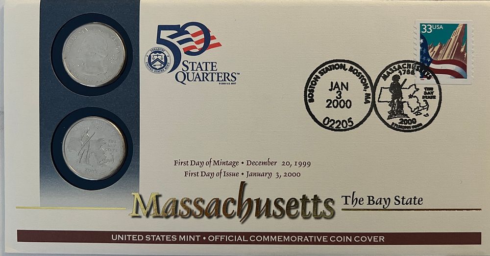 Massachusetts US Mint Commemorative Coin Cover. 4x7 inches