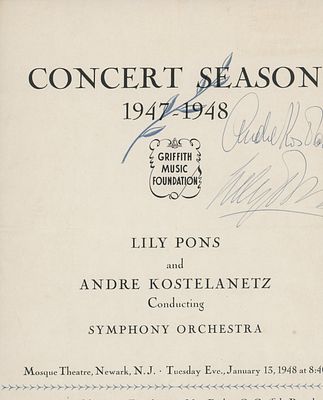 Griffith Music Foundation signed program 1947-1948 autographed by Lily Pons and Andre Kostelanetz