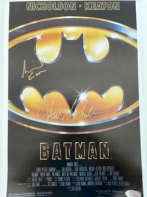 Batman signed mini poster. Autographed by Michael Keaton and Jack Nicholson. 11 x 17 inches.