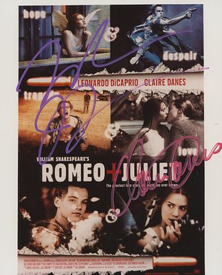 Romeo + Juliet signed movie photo autographed by Leonardo DiCaprio and Claire Danes. 8x10 inches