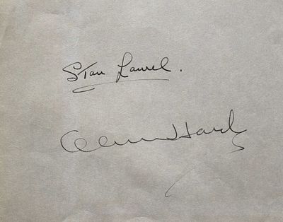 Laurel & Hardy signature slip. Laurel & Hardy 5 in. x 4 1/4 in. slip signed Stan Laurel and 