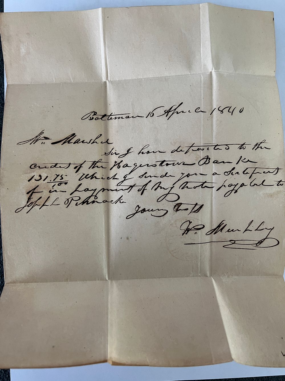 Handwritten letter from 1840