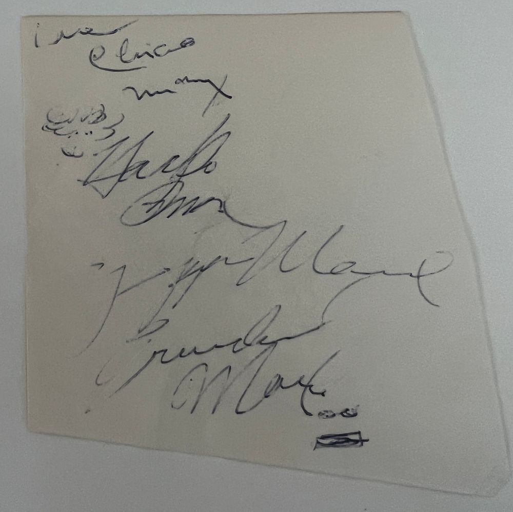 Marx Brothers signed slip autographed by Harpo, Chico, Zeppo and Groucho Marx. 4x5 inches