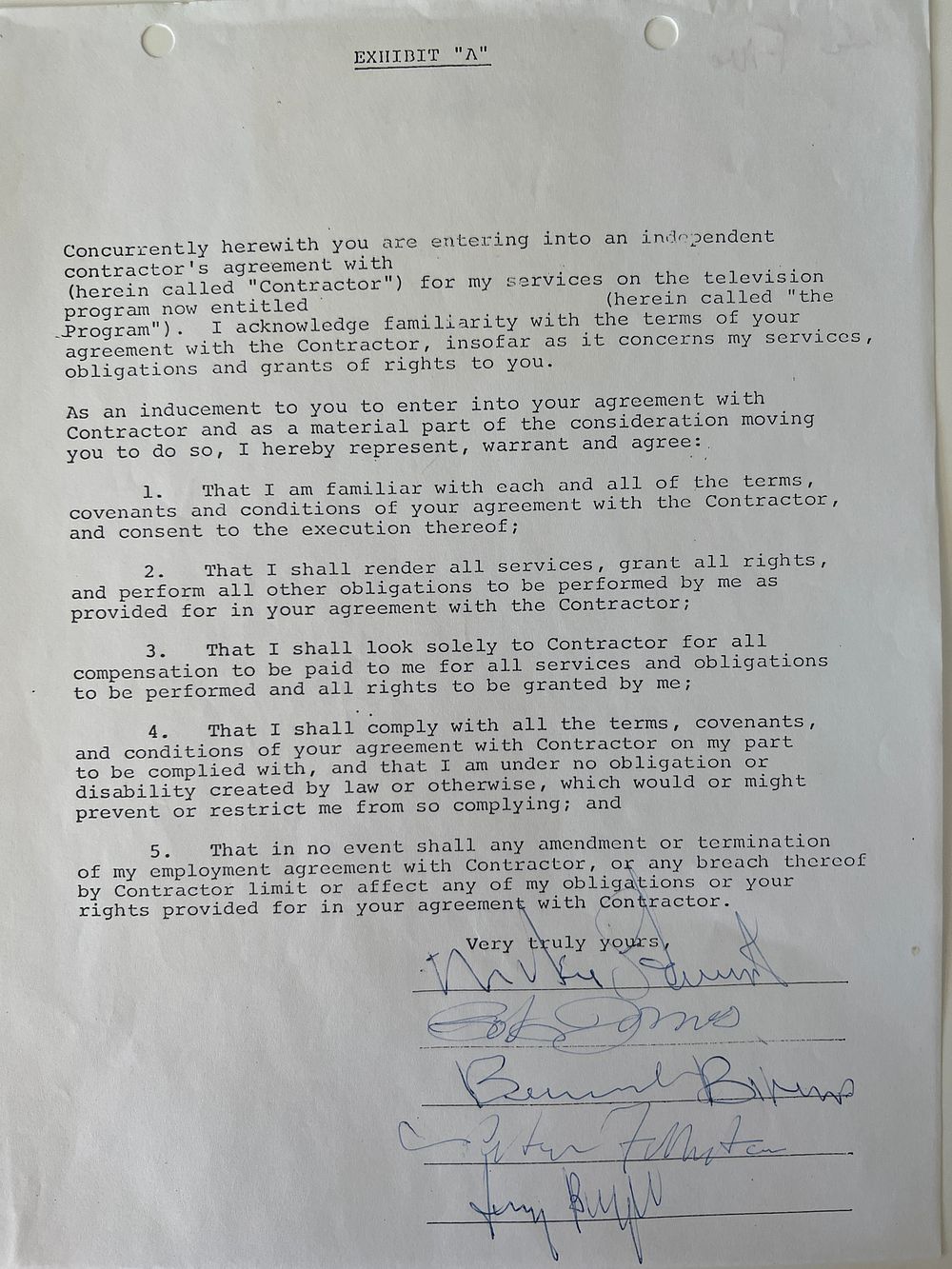 We Five signed contract autographed by Michael Stewart, Beverly Bivens, Jerry Burgan, Pete 