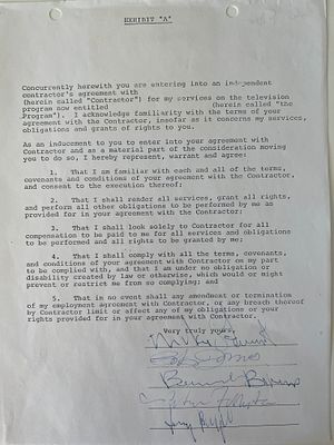 We Five signed contract autographed by Michael Stewart, Beverly Bivens, Jerry Burgan, Pete 