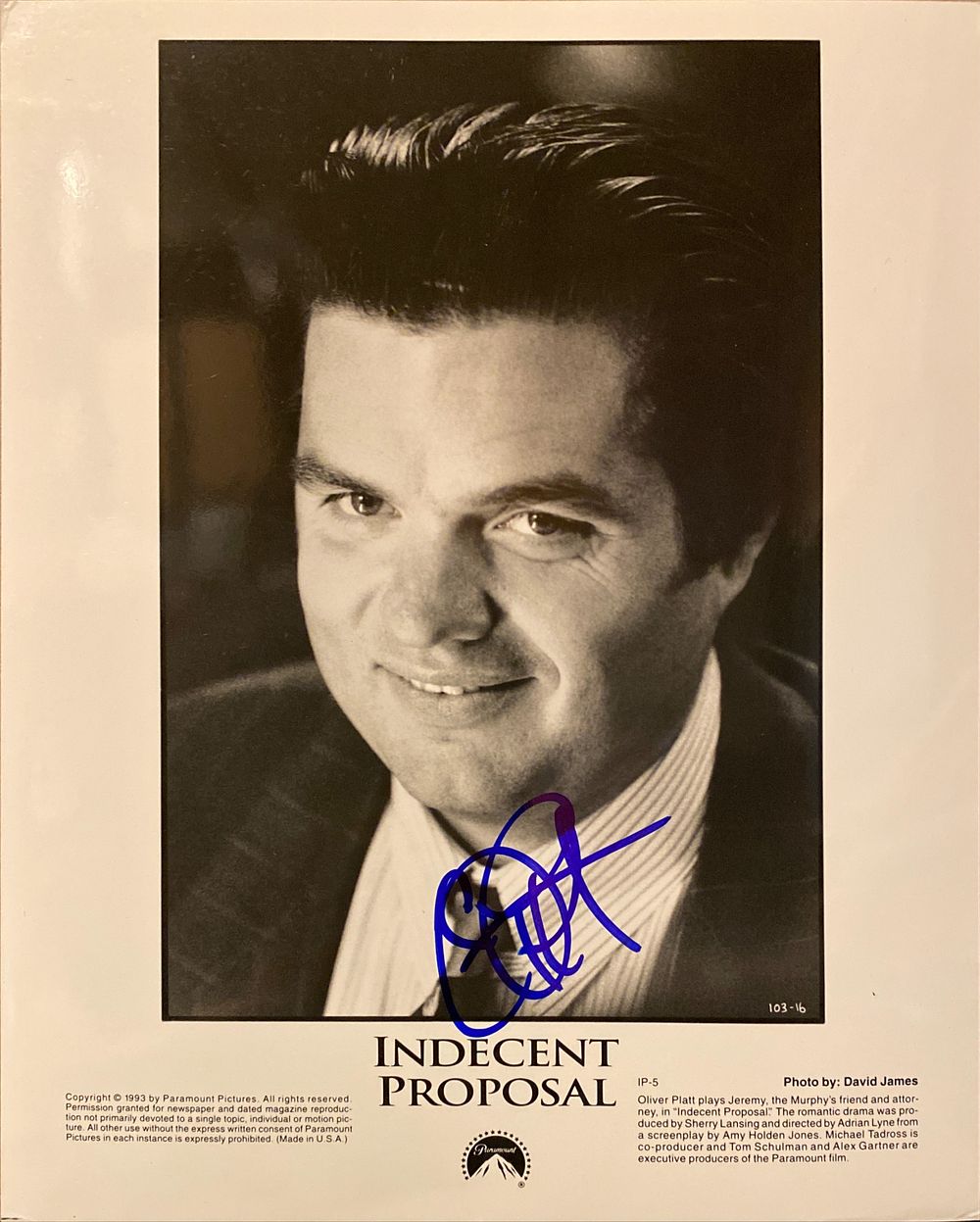 Indecent Proposal signed movie photo autographed by Oliver Platt. 8x10 inches