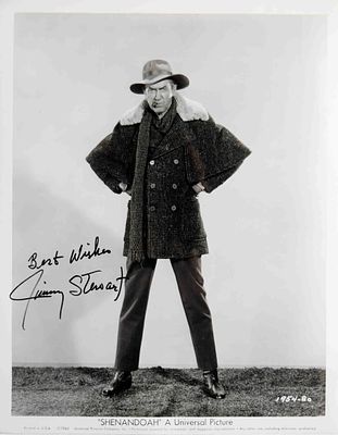 Jimmy Stewart signed portrait photo. 8 in. by 10 in. Black and white portrait photo from the 