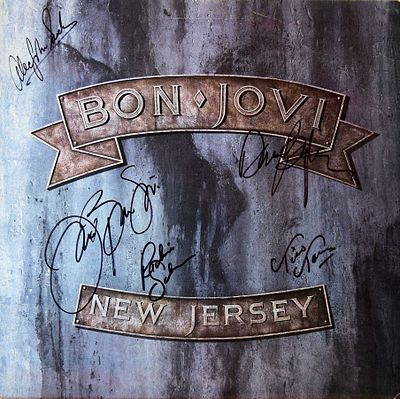 Bon Jovi signed New Jersey album. Signed: Jon Bon Jovi, David Bryan, Richie Sambora, Alec John 