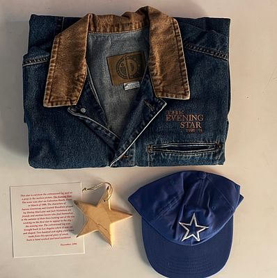 Evening Star staff souvenir collection with staff jacket, hat and screen used star prop. Jacket 