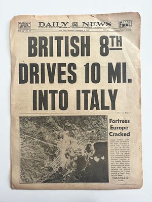 WWII 1943 Daily News newspaper. Vol. 25 No. 61 - British 8th Drives 10 Mi into Italy. 12x15 inches