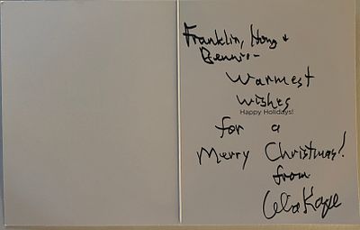 Celia Kaye signed Christmas card. 3x5 inches