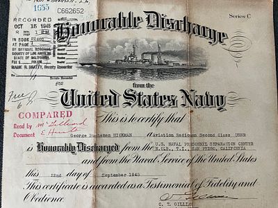 1945 United States Navy Honorable Discharge Certificate - George Buchanan Hickman, Aviation 