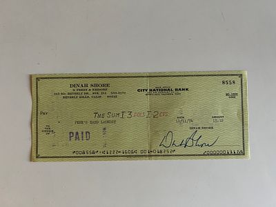 Dinah Shore signed check dated November 11th, 1974