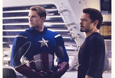 Captain America Chris Evans and Robert Downey Jr. facsimile signed movie photo. Captain America 