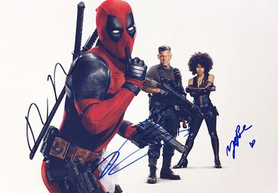 Deadpool cast signed movie photo. Deadpool signed movie photo autographed by Ryan Reynolds, Josh 