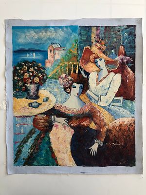 Ladies Taking Tea by the Sea Original original painting on canvas. Signed by artist. 23x27 inches
