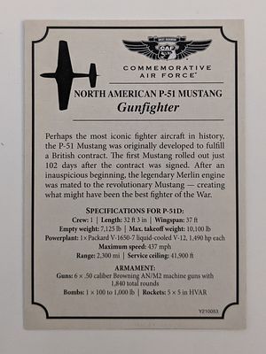 P-51 Mustang Gunfighter Commemorative Air Force Card. North American P-51 Mustang Gunfighter 