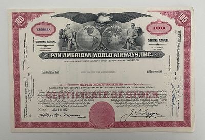 Pan American World Airways, INC One Hundred Shares Certificate of Stock. Pan American World 
