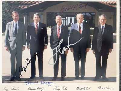 Four Presidents signed photo autographed by George H. W. Bush, Ronald Reagan, Jimmy Carter 