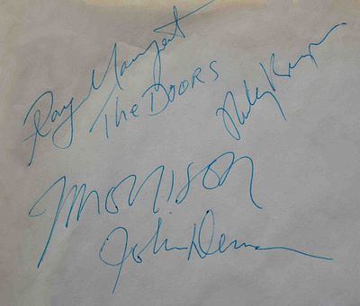 The Doors signed slip. 6 in. by 5 1/4 in. The Doors signature slip signed: Jim Morrison, Ray 